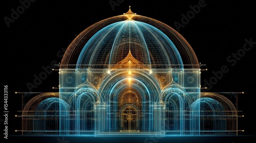 A luminous digital wireframe showcases a detailed architectural dome with arches, blending classic design and futuristic light effects on a black background.