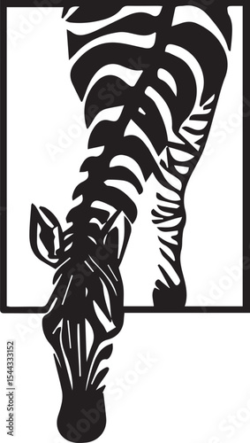 This image features a distinctive "zebra stencil for painting," showcasing the head and front legs of a zebra within a rectangular frame. Rendered in stark black and white, the iconic stripes are prom