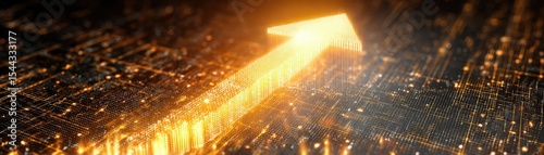 A glowing golden arrow composed of digital elements points upward on a dark, circuit-like background symbolizing growth, progress, and technology.