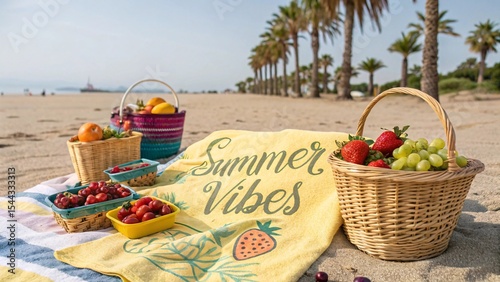 Delightful Summer Beach Picnic with Fresh Fruit in Wicker Baskets a Vibrant Yellow Beach Towel