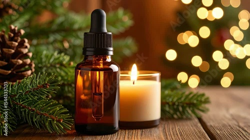 Amber dropper bottle and burning candle with pine branches and festive lights, creating a cozy Christmas aromatherapy scene.