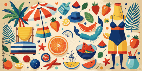 Vibrant Summer Beach Day Illustration with Tropical Fruits Beach Accessories and a Stylish Swimsuit for a Fun Vacation
