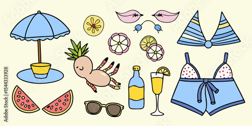 Hand Drawn Summer Vacation Doodle Elements with Beach Umbrella Swimsuits Drinks and Sunglasses on a Cream Background