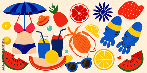 Vibrant Summer Beach Day Illustration with Fruits Swimsuit Drinks and Accessories for a Fun and Relaxing Vacation