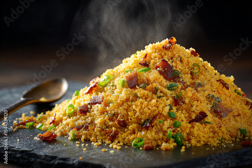 a pile of food with a spoon on a table