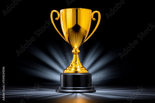 Golden Trophy Cup Award On Black Background With Light Rays