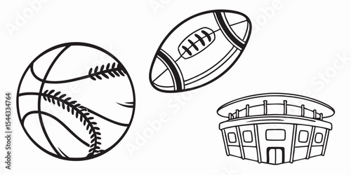 Hand-drawn vector illustration set of sports equipment icons, including football and rugby balls for team game and leisure activity