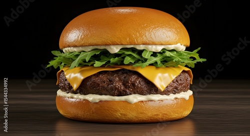 Juicy cheeseburger on rustic wooden board
