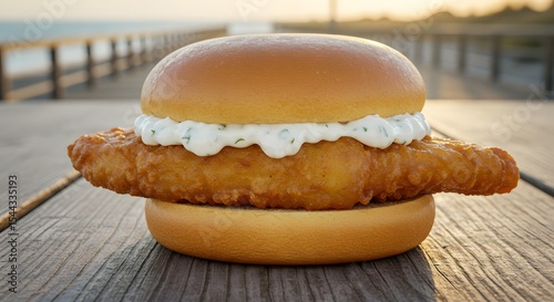 Fried fish sandwich on boardwalk table