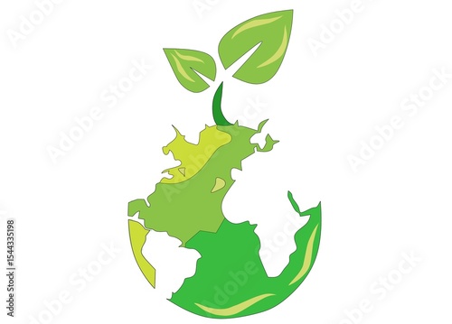 A stylized illustration depicting a vibrant green plant sprout growing directly from the top of a globe, ymbolizing lushness and environmental focus, while the sprout with two leaves signifies growth,