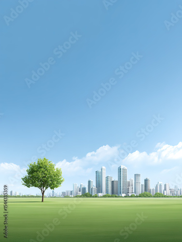 Park lawn and green city illustration with city skyline background