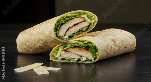 Chicken Caesar wrap on cafe table