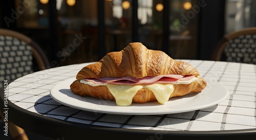 Ham and cheese croissant on Parisian table