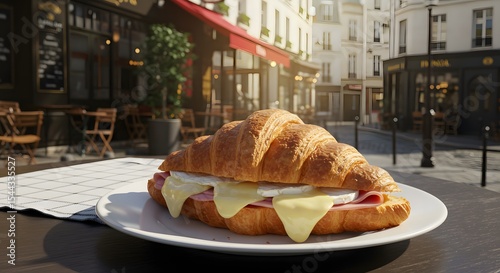 Ham and cheese croissant on Parisian table