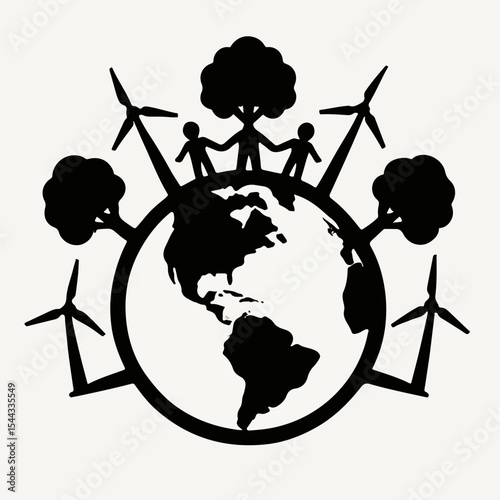 Black and White Silhouette Depiction of Earth with Trees Wind Turbines and People Holding Hands Symbolizing Environmental Conservation and Sustainable Energy Practices for a Healthier