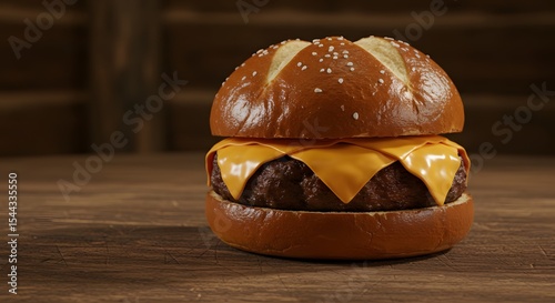 Juicy cheeseburger on rustic wooden board