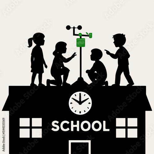 Children Learning About Weather at School Silhouette of Kids with Anemometer on the Roof of a School Building Weather Education and Science Concept Silhouetted