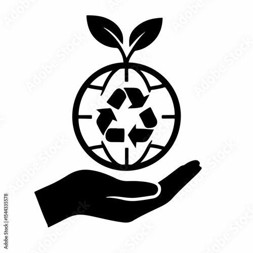 Eco Friendly Recycling and Sustainability Concept Featuring a Hand Holding a Globe with a Recycle Symbol and Leaves Sprouting from the Top in Black and
