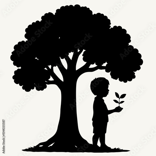 Silhouette of a Young Boy Holding a Sapling Under a Large Tree Symbolizing Growth Nature and Environmental Stewardship in a Simple Elegant Black and White