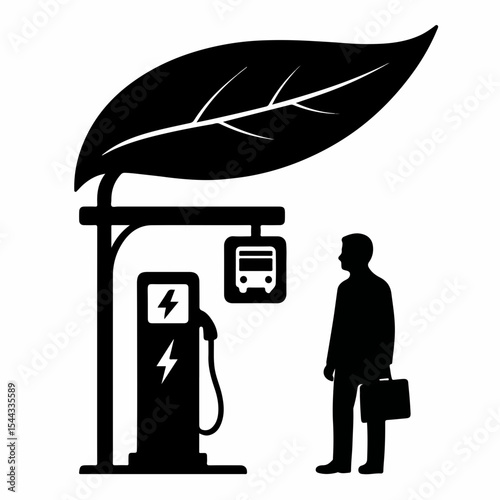 Eco Friendly Electric Bus Charging Station with Leaf Canopy and Commuter Waiting with Briefcase in Black and White Vector Icon Illustration white icon depicting