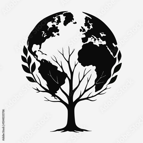 Stylized Black and White Illustration of a Tree with the Earth as its Crown Surrounded by Leaves Symbolizing Environmental Awareness and Global Interconnection minimalist