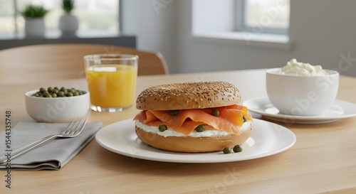 Smoked salmon bagel on brunch table