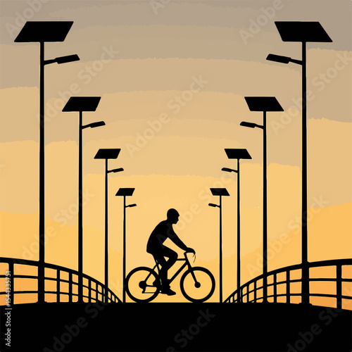 Silhouette of a Cyclist Riding on a Bridge at Sunset with Solar Powered Streetlights Lining the Path Creating a Peaceful and Sustainable Urban Scene Vector