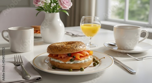 Smoked salmon bagel on brunch table