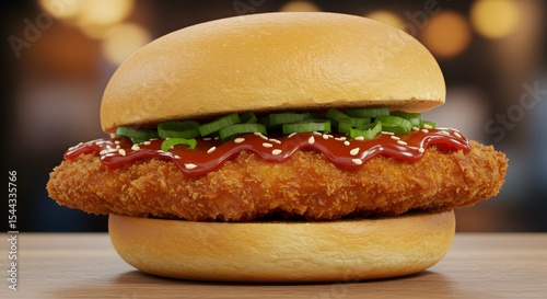 Crispy chicken sandwich on diner counter