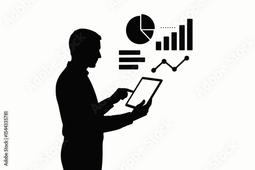 Silhouette of a person using a tablet to analyze data represented by bar graphs a pie chart and a line graph illustrating data analysis and