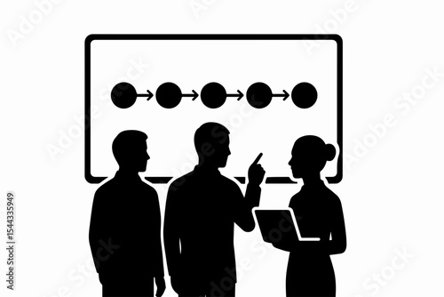 Business Team Discussing Project Flowchart on Screen Silhouetted Against White Background Illustrating Collaboration Strategy and Project Management in a Corporate Setting with a Modern Aesthetic