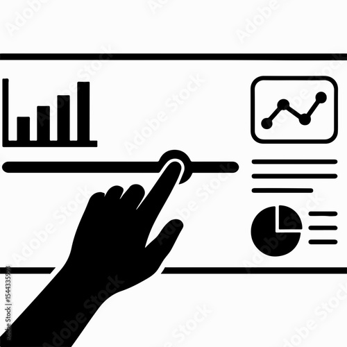 Data Analysis Dashboard Control Interface with Hand Adjusting the Slider Featuring Bar Graph Line Chart Pie Chart and Text Elements for Data Visualization and Manipulation