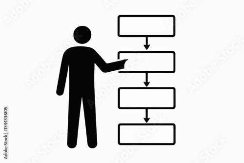 A black and white illustration of a person pointing at a flowchart with four boxes connected by downward arrows representing a process or workflow diagram