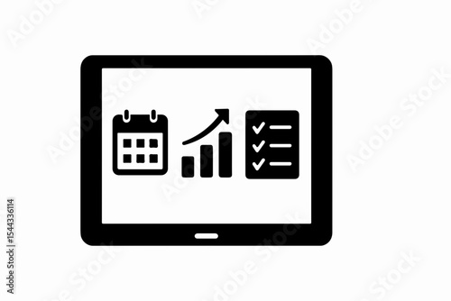 Tablet Displaying Business Growth Calendar and Task List Icons Against a White Background Representing Productivity Scheduling and Goal Achievement in a Digital Format tablet