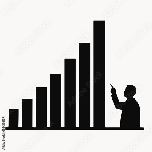 Silhouette of a businessman pointing to an ascending bar graph representing growth success and positive trends in business finance or economic development against a plain