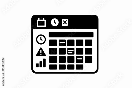 Black and White Calendar Icon with Clock Warning and Bar Graph Symbols Representing Scheduling Deadlines Alerts and Data Analysis on a Clean White Background