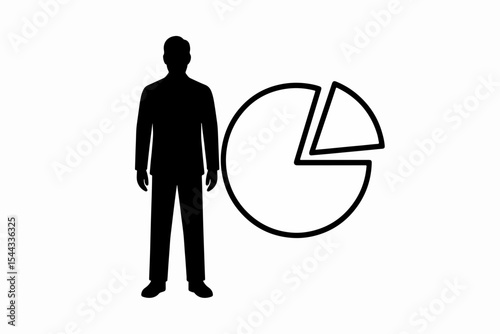 Silhouette of a man standing next to a pie chart representing business analysis data visualization and the relationship between people and statistical information in a