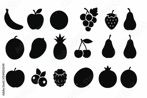 A Collection of Black Silhouette Fruit Icons Banana Apple Orange Grapes Strawberry Pear Plum Mango Pineapple Cherries Blueberries Raspberry Kiwi and Pomegranate set sixteen