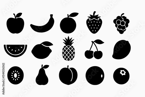 A Collection of Black and White Fruit Icons Including an Apple Banana Strawberry Pineapple Watermelon Kiwi and Other Various Fruits on a White Background
