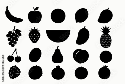 Black and White Fruit Silhouette Collection A Variety of Common and Exotic Fruits Displayed in a Simple Clean and Modern Vector Graphic Design Arrangement