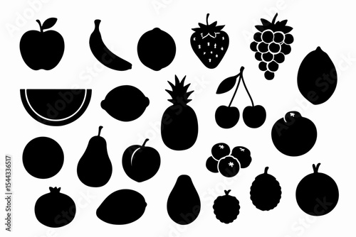 A Variety of Fruits in Black Silhouette Apple Banana Lemon Strawberry Grapes Watermelon Pineapple Cherry Pear Plum Pomegranate Mango Avocado and Blackberry collection various