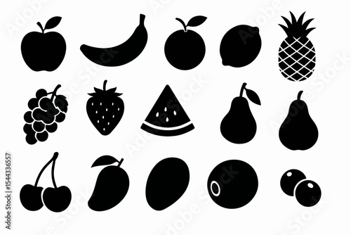 A Collection of Black and White Fruit Silhouettes Apple Banana Orange Lemon Pineapple Grapes Strawberry Watermelon Pear Cherries Mango Avocado Olive and Blueberries simple