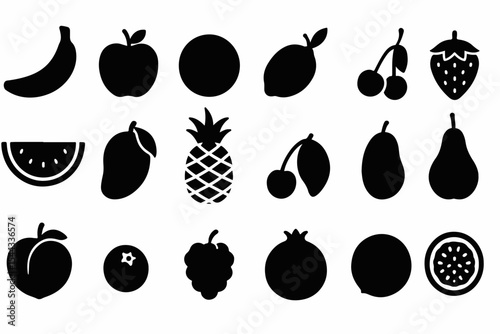 A Collection of Various Fruits in Black Silhouette Style Including Banana Apple Orange Lemon Strawberry Watermelon Mango Pineapple Pear and Passion Fruit silhouette illustrations