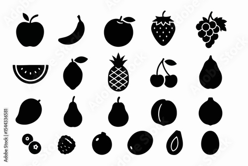 Monochrome Collection of Various Fruits Apple Banana Orange Strawberry Grapes Watermelon Lemon Pineapple Cherries Papaya Mango Pear Plum Blueberries Raspberry Fig Date Olive Avocado and