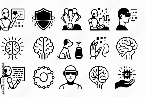 Collection of Artificial Intelligence Icons Representing Concepts Like Robotics Machine Learning Cybersecurity Healthcare Virtual Reality Smart Homes and Brain Functionality all Rendered in Black and