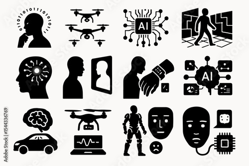 A Collection of Black and White Artificial Intelligence Icons Representing Concepts Like Drones Brains Robots and Human Interaction with Technology on a White Background