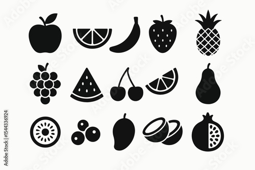 A Collection of Black and White Fruit Silhouettes Including Apples Oranges Bananas Strawberries Pineapples Grapes Watermelon Cherries Pears Kiwi Blueberries Mangoes Coconuts and Pomegranates
