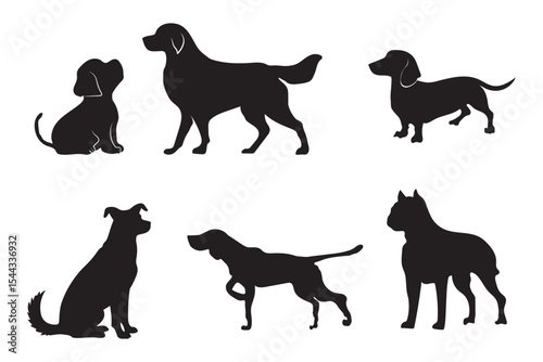 Dog Silhouettes icon set, Dog breeds, veterinary, dog walking, pet sitting logo inspiration. Dog show, competition, pet store, guide dog. Variety Silhouettes Dog Design. EPS 10