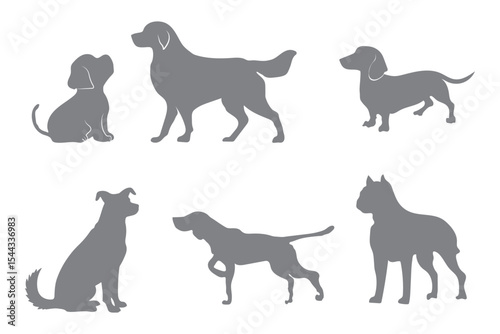 Dog Silhouettes icon set, Dog breeds, veterinary, dog walking, pet sitting logo inspiration. Dog show, competition, pet store, guide dog. Variety Silhouettes Dog Design. EPS 10