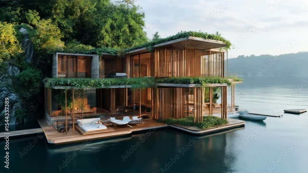 Modern Lakeside Villa Design with Green Roof and Natural Wood Accents on the water Modern Lakeside Villa Design with Green Roof and Natural Wood Accents on the water